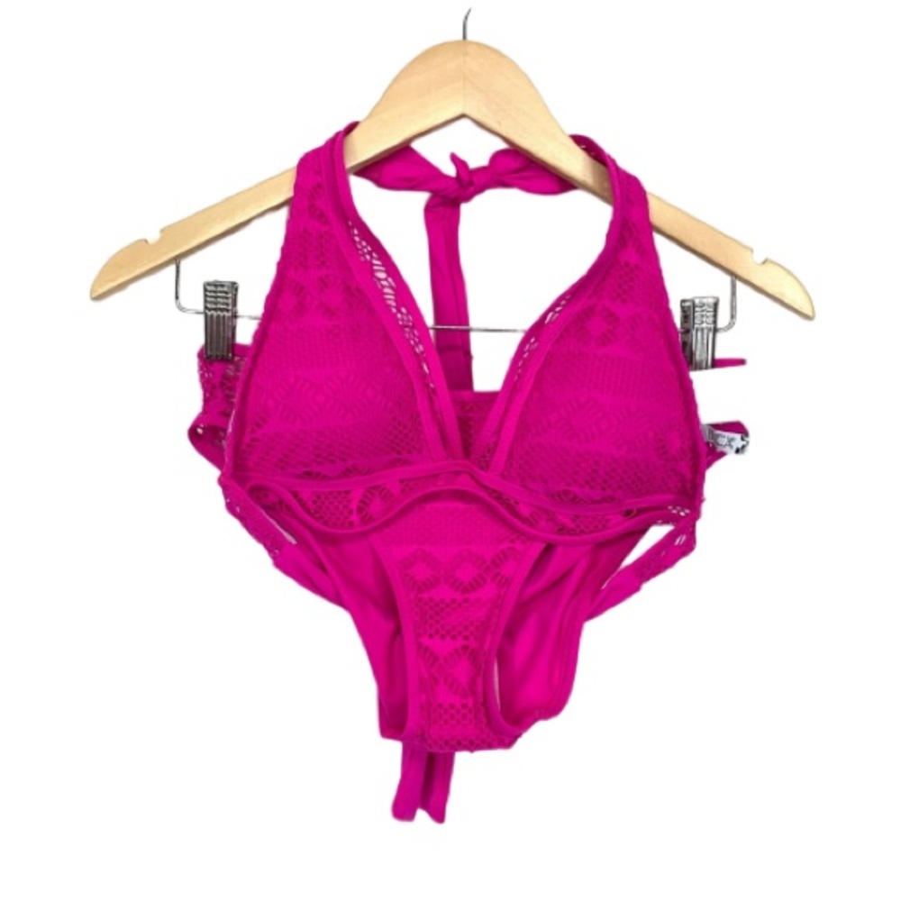 Becca Swimwear Magenta Pink Halter Bikini & Matching Bottoms Two Piece Set